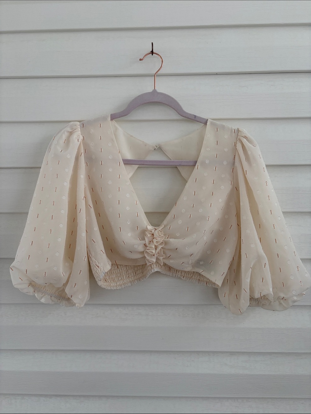 AFRM M Ivory Puff Sleeve Crop Top Gold Detail Open Back Romantic Boho - Picture 2 of 10